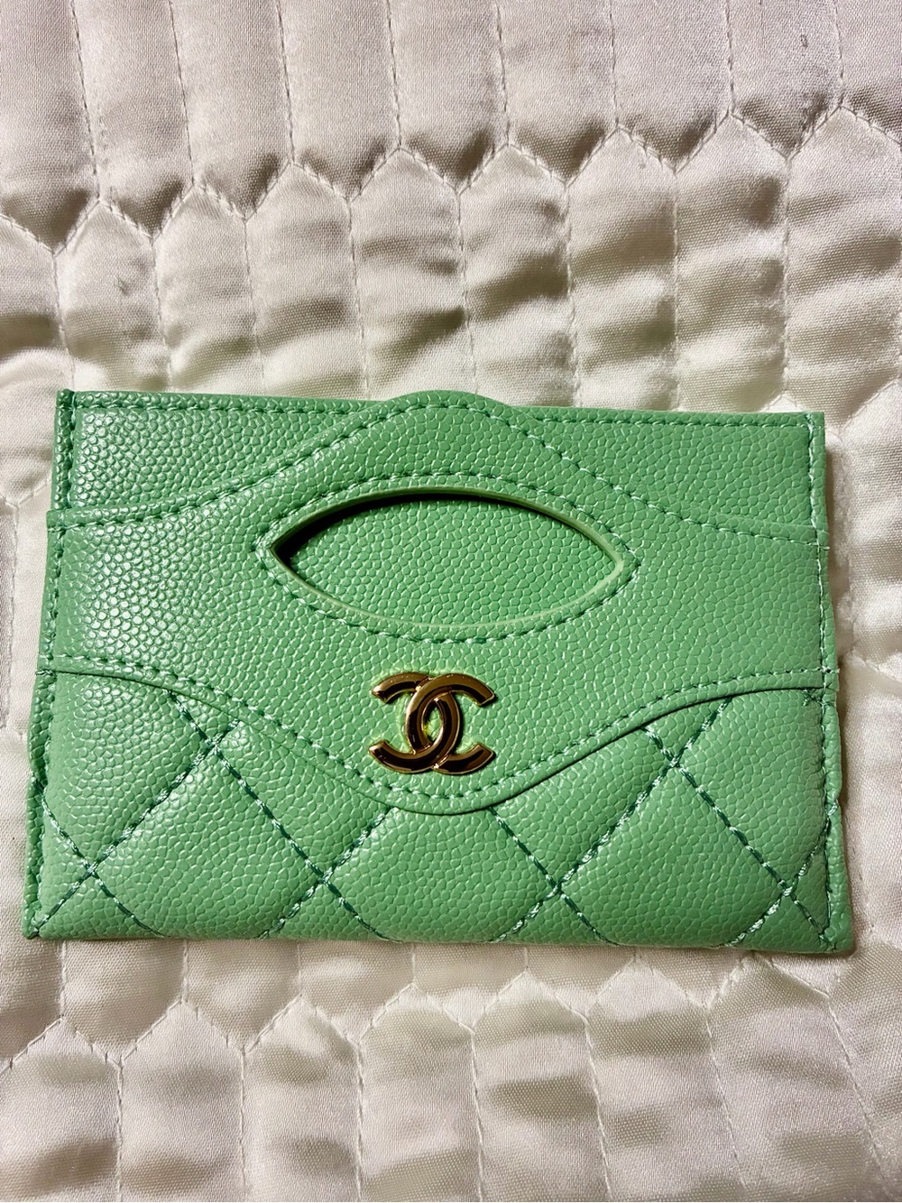 ChaneI Quilted Flap Card Holder Sage Green with Gold Hardware Logo OBO